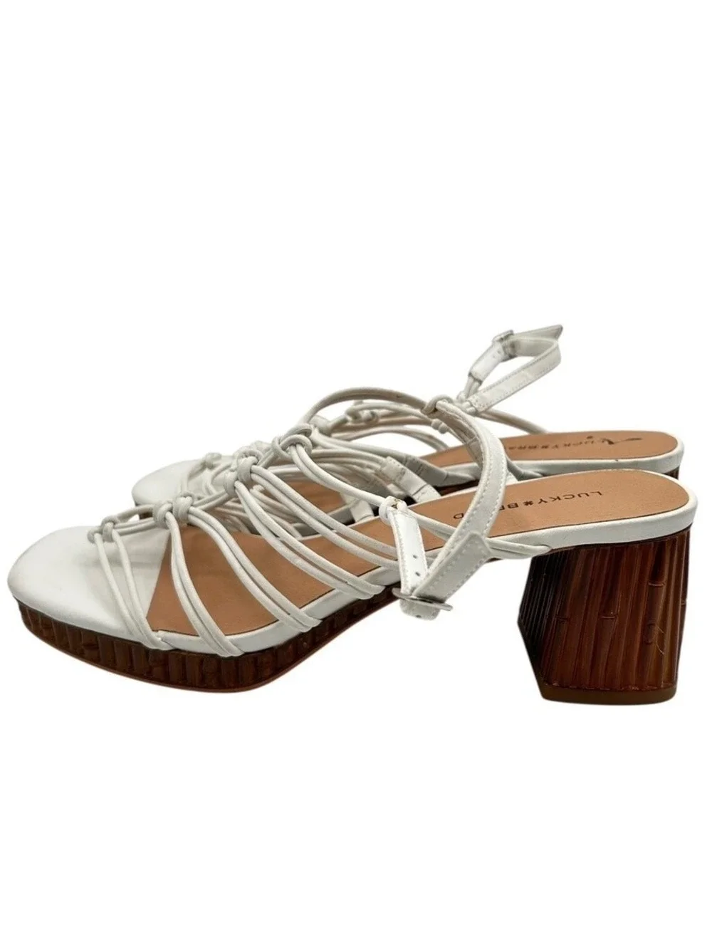 Lucky Brand Bassie White Strappy Knotted Bamboo Block Heel Sandal Women Size 10M